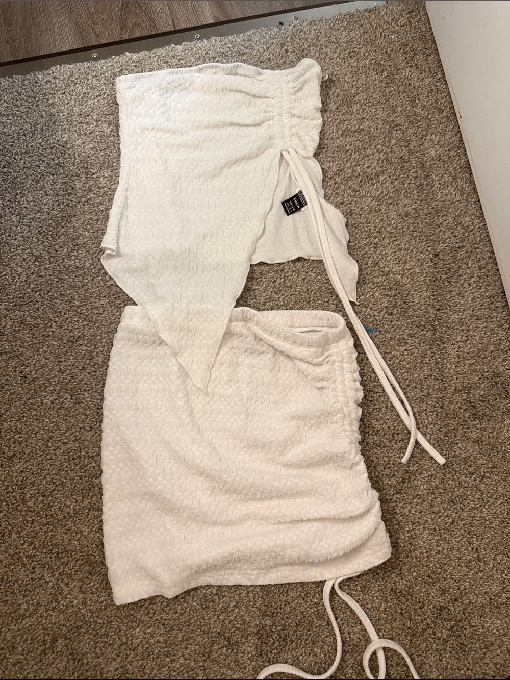 White Textured Two Piece Skirt Set - Tube Top